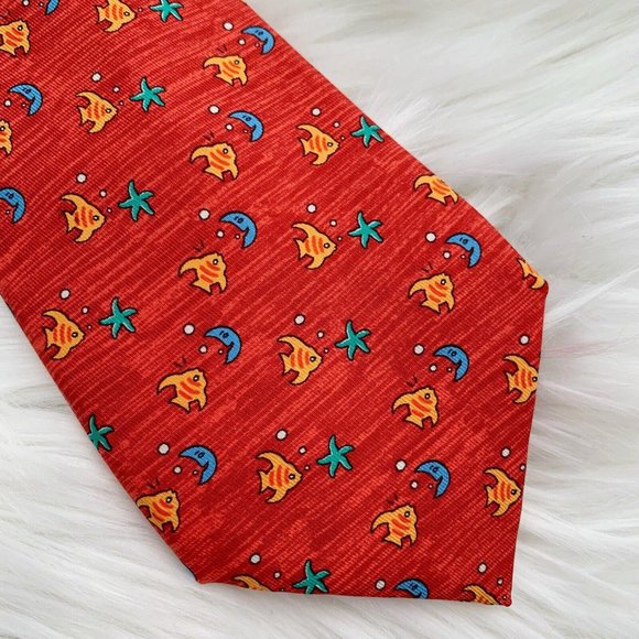 Hermes Paris - Brick red heather Moon Starfish & Fish print silk necktie - Picture 2 of 5